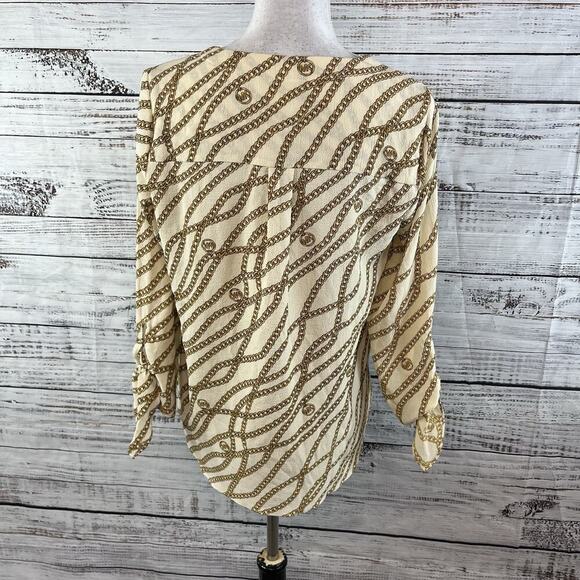 Michael Kors Blouse Tunic sz Small Tan Gold Chains Stretch Modest Career Wedding - Picture 8 of 9